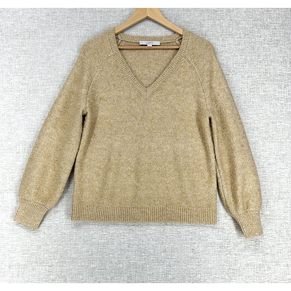 LOFT Sweater Womens Medium Beige V Neck Glitter Knit Long Sleeve Pullover
